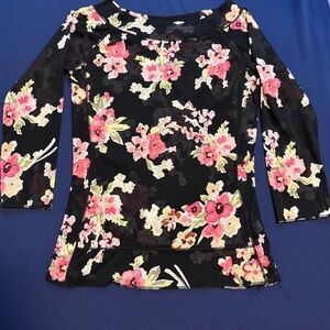 The Limited Black & Pink Floral 100% Nylon Blouse 3/4 length long sleeve